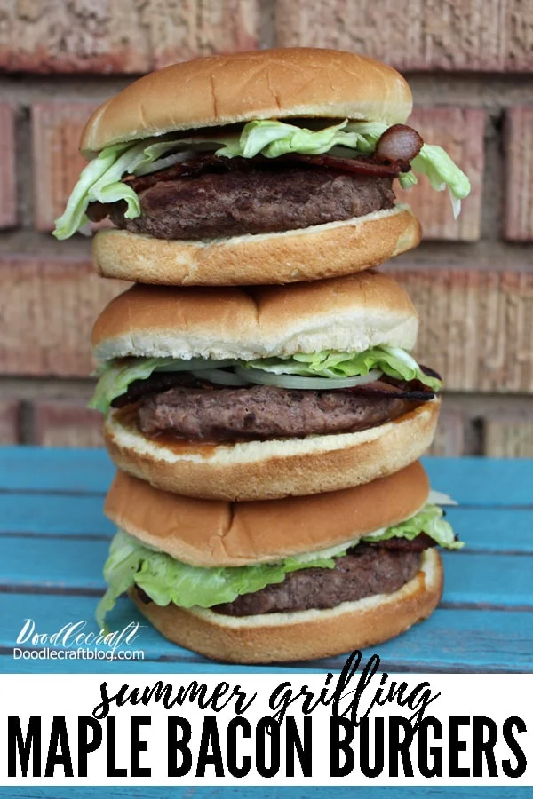 3 stacked Maple Bacon Hamburgers layered with juicy burgers, crispy bacon, crisp green lettuce and thin onions.