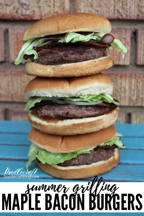 3 stacked Maple Bacon Hamburgers layered with juicy burgers, crispy bacon, crisp green lettuce and thin onions.