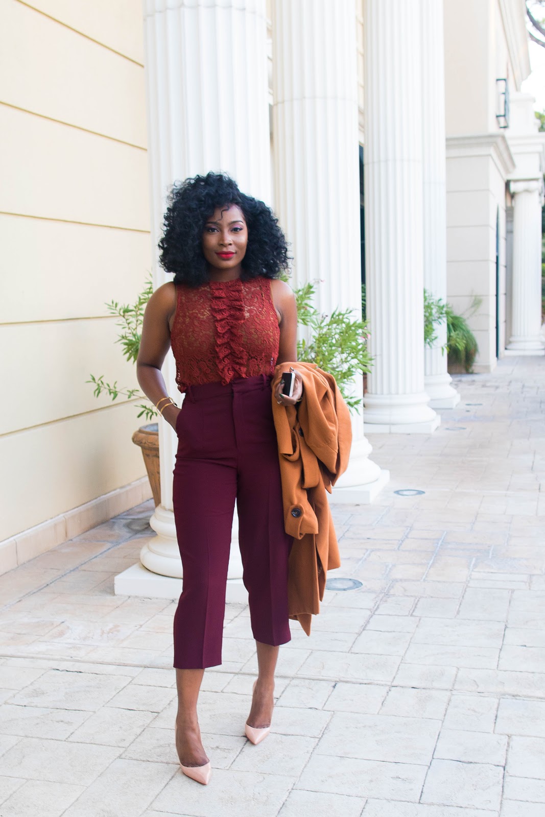 burgundy culottes rust top