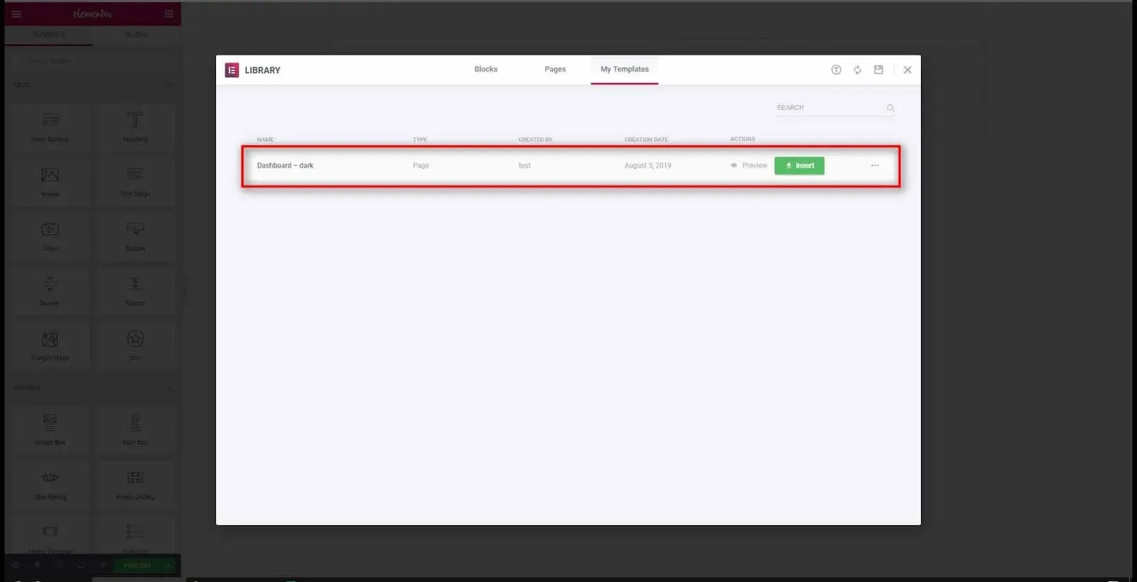 Insert Dashboard template