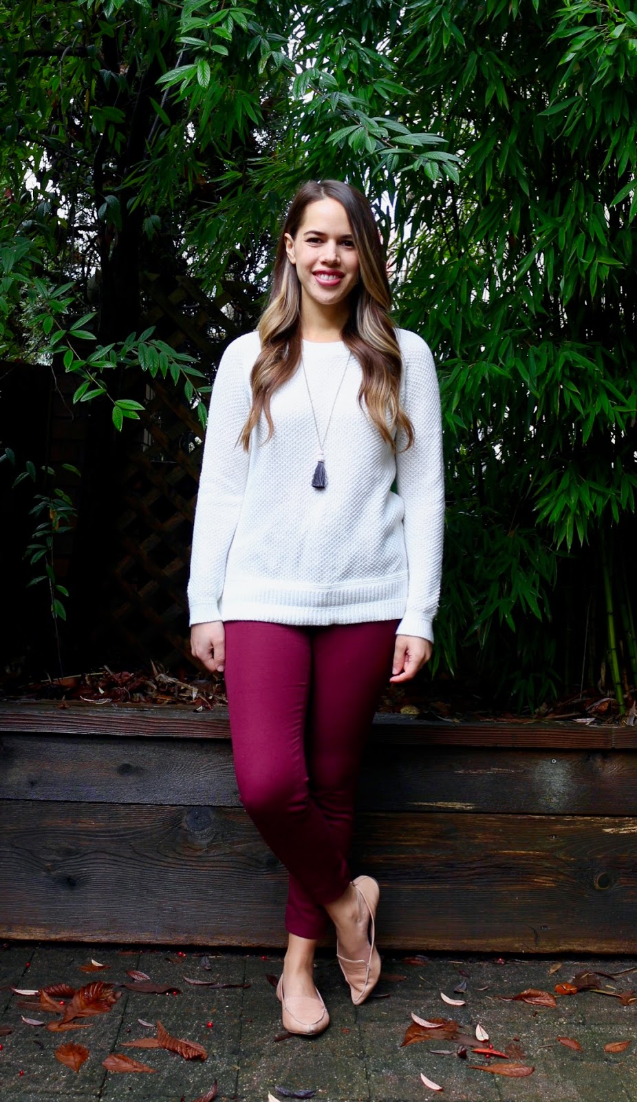 Jules in Flats - Old Navy Textured Crew Neck Sweater + Burgundy Ankle Pants (Business Casual Fall Workwear on a Budget)