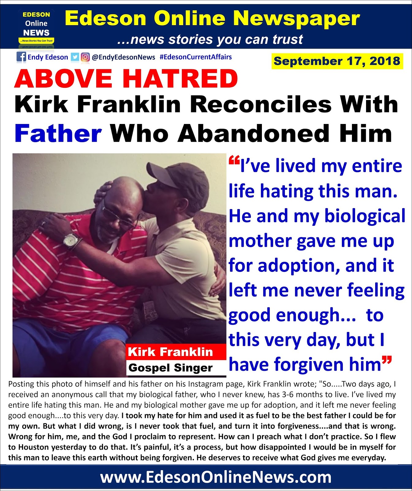 Edeson Online Newspaper: Gospel Singer, Kirk Franklin Reconciles With