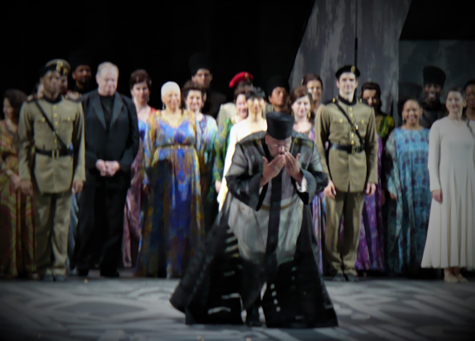 IN PERFORMANCE: bass MORRIS ROBINSON as Ramfis (center) in Washington National Opera's production of Giuseppe Verdi's AIDA, 10 September 2017 [Photo by the author]