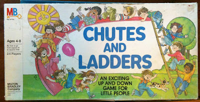 Chutes and Ladders box with watercolor kids climbing on ladders and slides