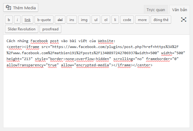 Chèn mã nhúng Facebook post vào trình soạn thảo trên WordPress ở chế độ văn bản