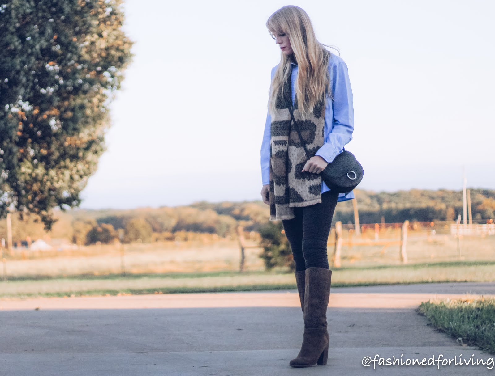 easy fall outfit with black skinny jeans, tunic shirt, suede boots and leopard scarf
