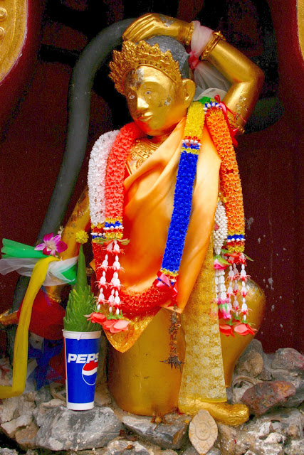 A Pepsi cup filled with a plant and used as an offering.  Outside Wat Phra Mahathat.