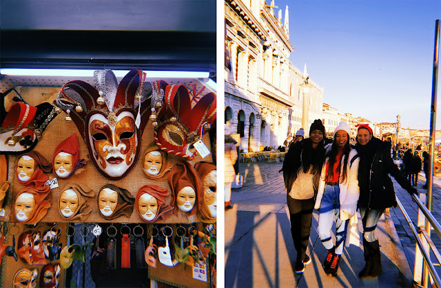 A la izquierda, máscaras del carnaval de Venecia. A la derecha, yo junto a mis dos mejores amigas en Plaza San Marco