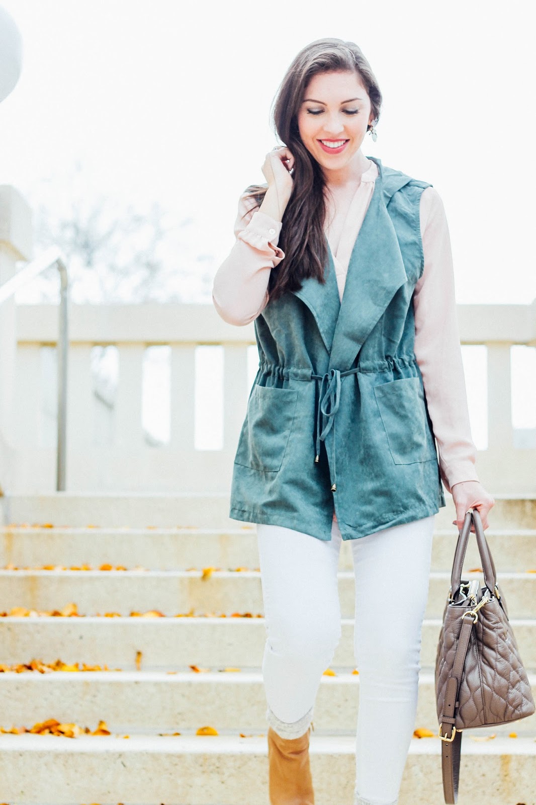 white denim, fashion blogger, olive suede vest, FOI clothing, cute fall outfit, how to wear white in the fall, LOFT tunic, pretty in the pines blog, Sam Edelman Karen Booties, Nordstrom Crew socks