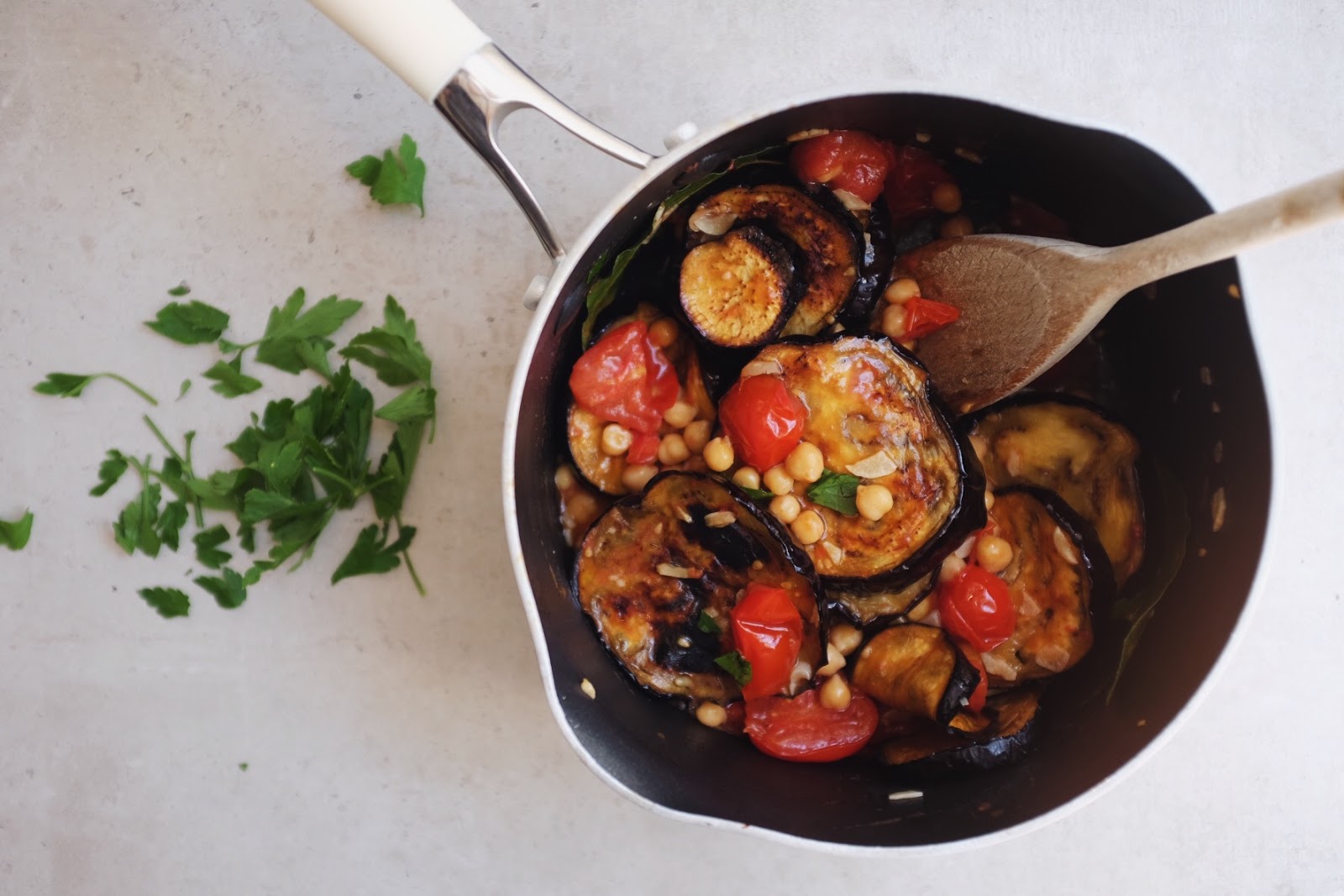 Roasted Eggplant with Chickpeas, Melted Tomatoes and Garlic