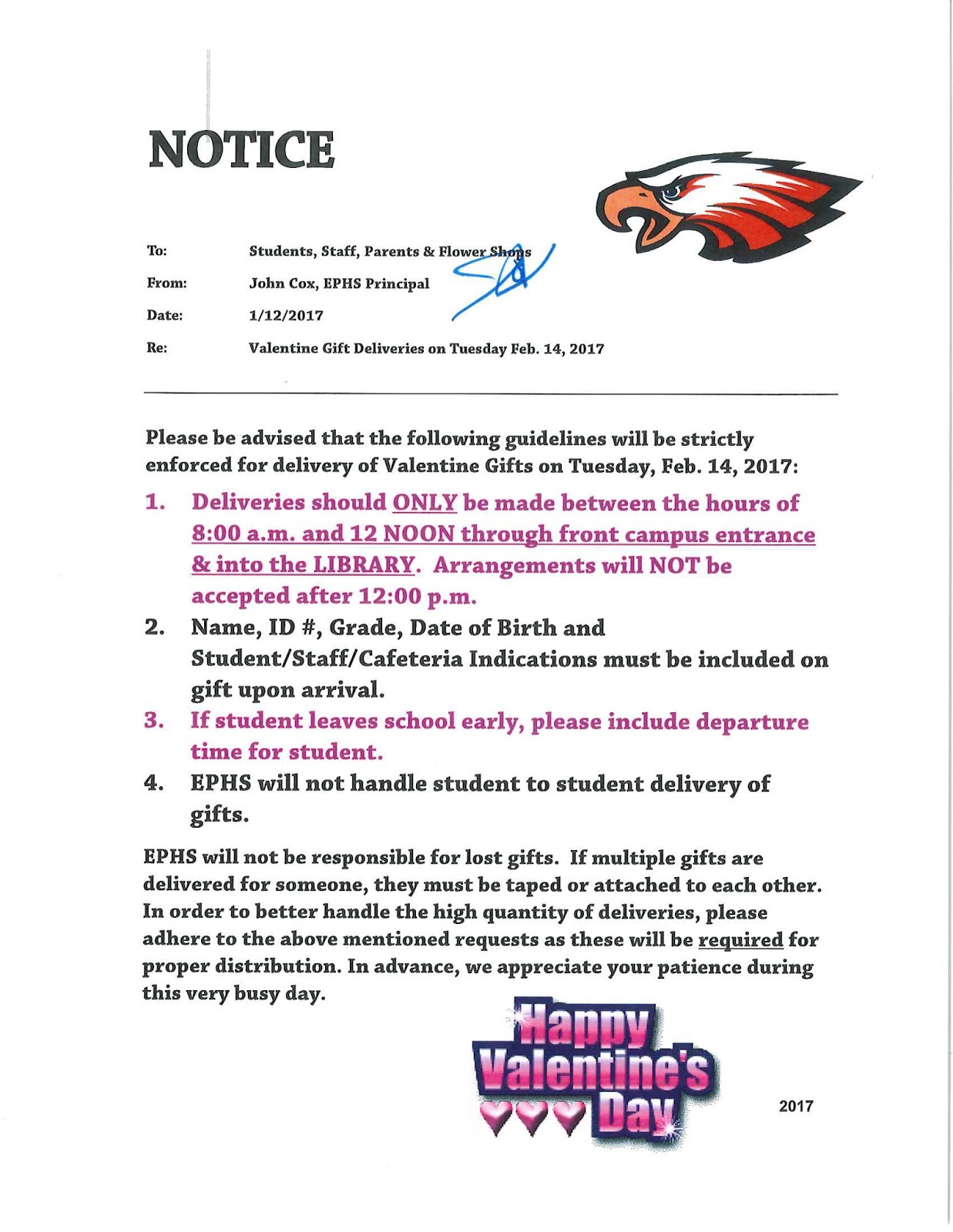 Eagle Pass ISD iVision EPHS Valentine's Day Delivery Guidelines