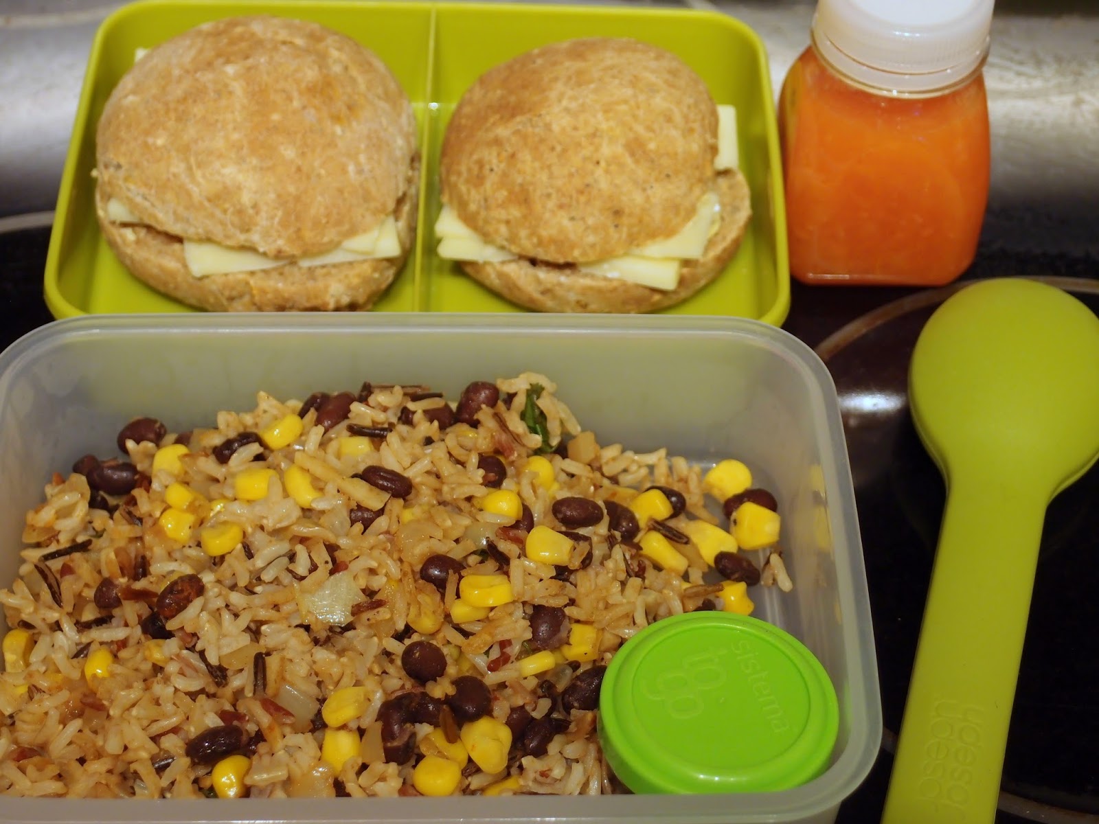The VegHog Lunchbox Rice and beans and homemade spelt rolls