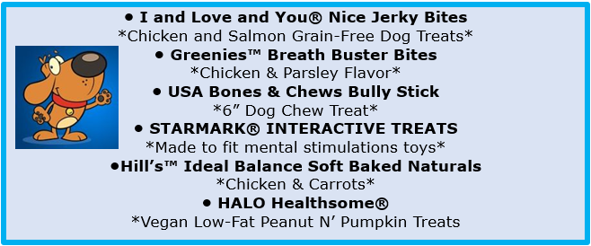 List of the treats included in our Chewy.com Bone Appe-Treat Goody box