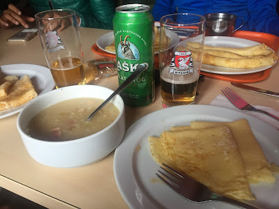 Food at Dom Planika, soup, crepes and the popular Laško beer.