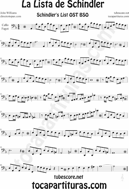 Partitura de La Lista de Schindler para Fagot y Chelo Schindler´s List sheet music for Cello and Bassoon Music scores