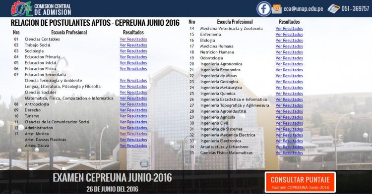 Resultados CEPREUNA 2016 (Examen 26 Junio) CCA - UNA - UNAP Universidad Nacional del Altiplano de Puno - www.unap.edu.pe