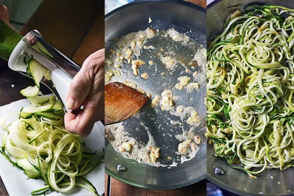 Step-by-step photos showing how to make sauteed garlic zoodles side dish for Keto Chicken Parm