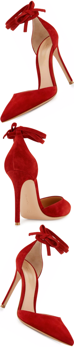 Gianvito Rossi Suede Pointed-Toe Ankle-Wrap Pump, Red