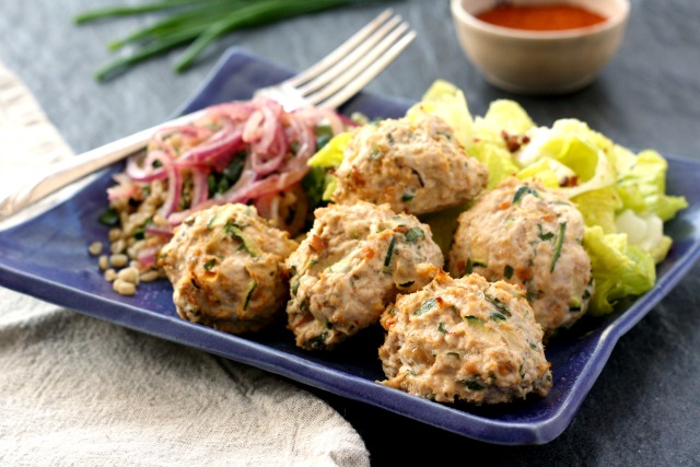 Gluten free turkey meatballs, mixed with zucchini, new chives from the garden and a good amount of lemon. They’re a fresh-tasting main dish that feels light after a long winter of heavy meals. 