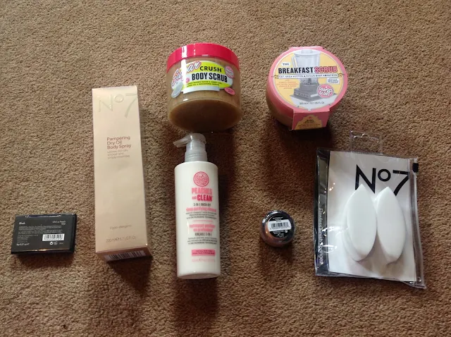 flat lay of no7 products and soap and glory