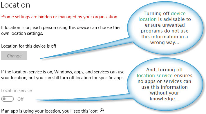Location privacy settings for Windows 10