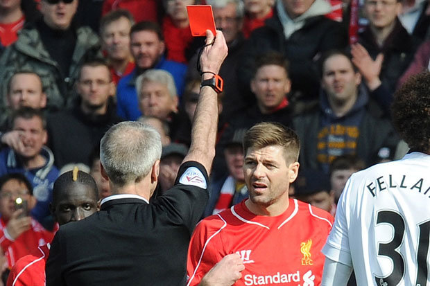 SEEING RED: Gerrard was sent off in the clash last year