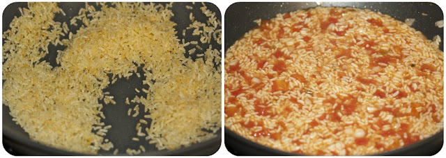 Two photos showing rice cooking and then with tomatoes and liquid