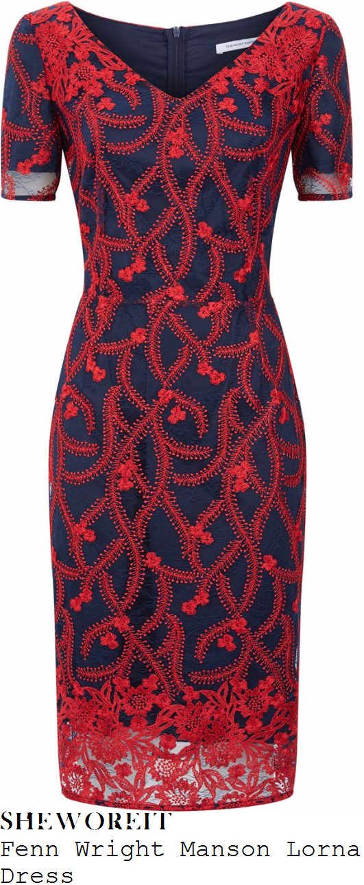 susanna-reid-fenn-wright-manson-lorna-navy-blue-and-red-floral-embroidered-short-sleeve-v-neck-pencil-dress