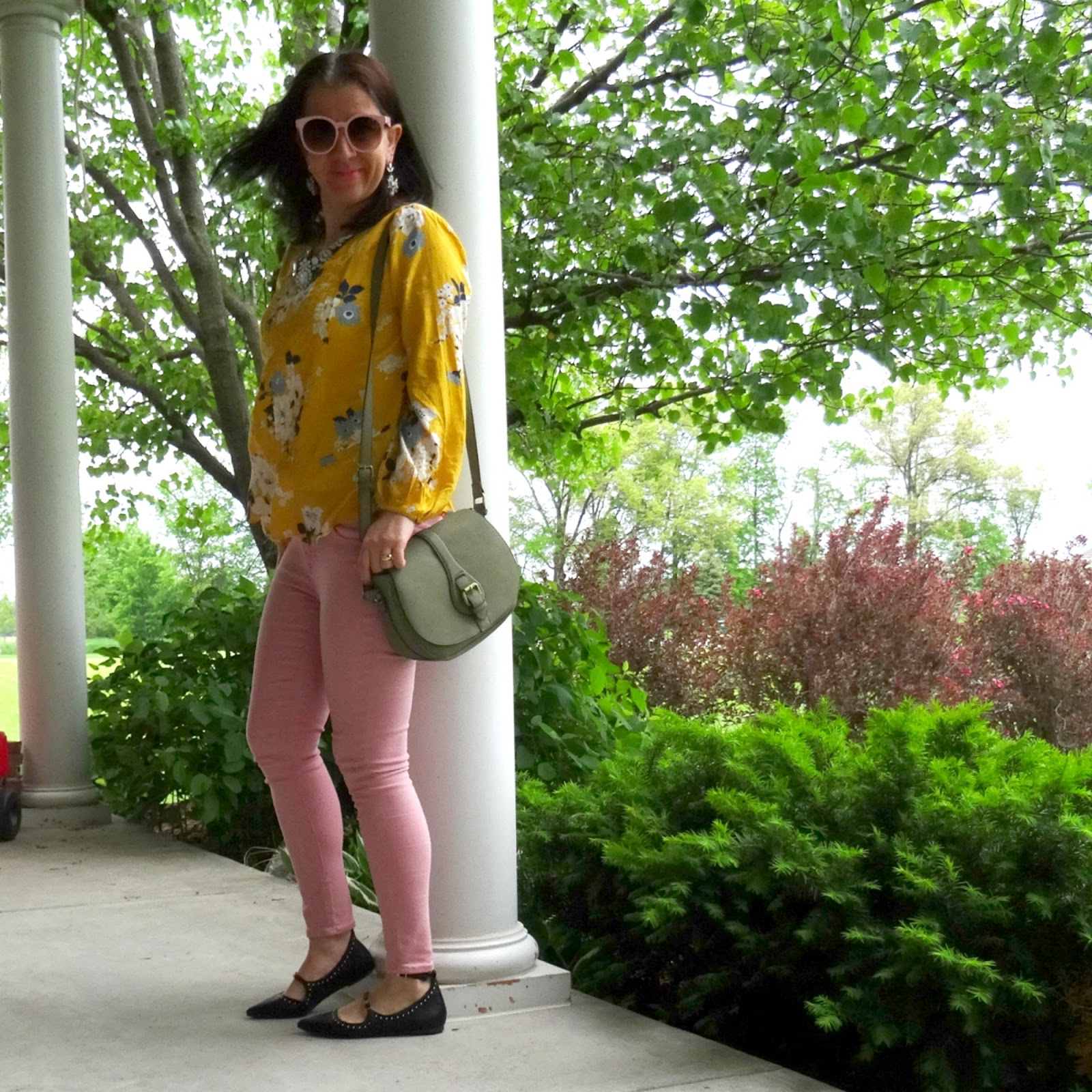 Mom Wear to Work Wear Yellow Floral Peplum Top (Looks 1+2).