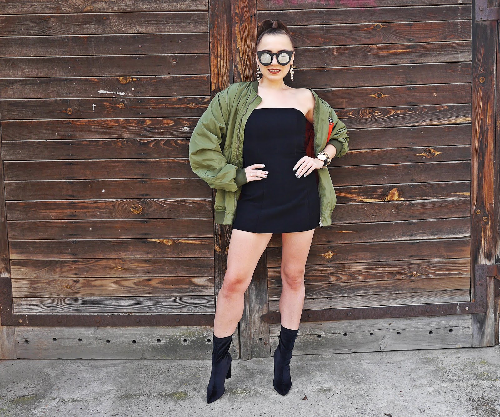 black dress socks boots green bomber jacket outfit look karyn fashion blogger