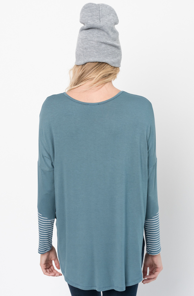 Buy Now Hunter green V-Neck Striped Panel Sleeve Tunic Online - $34 -@caralase.com