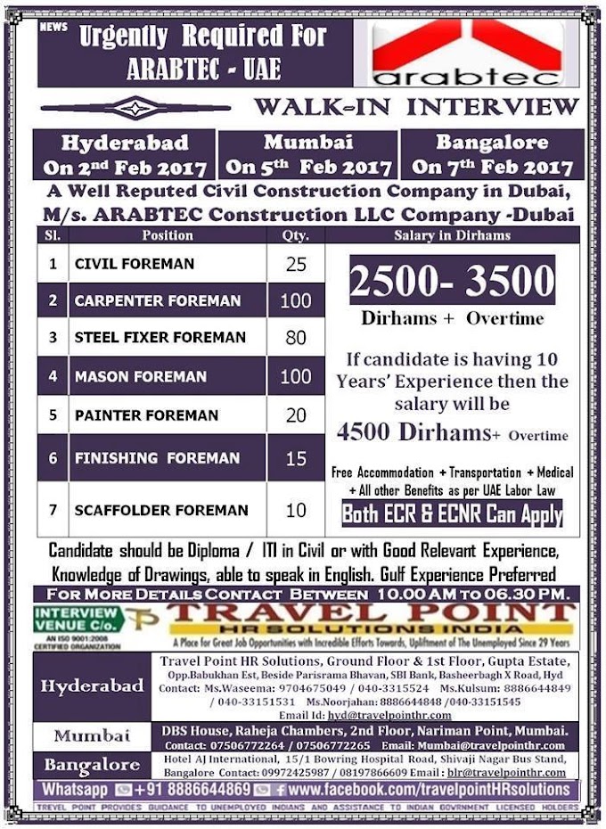 Urgently Required for ARABTEC - UAE : Interview in Hyderabad, Mumbai & Banalore on 2nd, 5th & 7th Feb