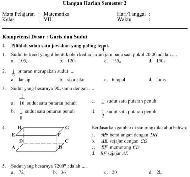Contoh Soal Dan Materi Pelajaran 8 Contoh Soal Garis Dan Sudut Kelas 7 Semester 2