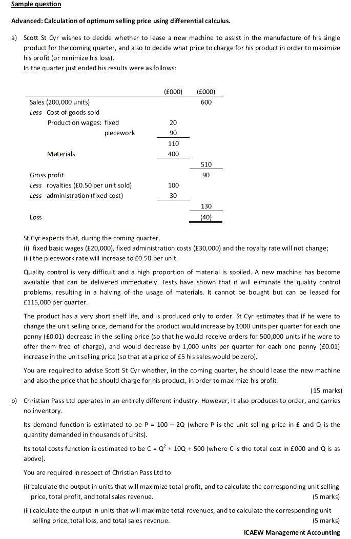 Jackie's Point of View Calculation of optimum selling price using
