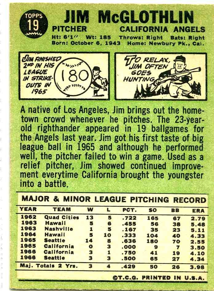 1967 Topps Baseball Set 19 Jim McGlothlin of the California Angels