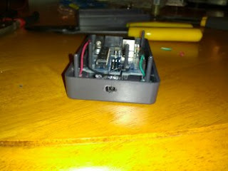 Front face of Arduino enclosure, showing the IR decoder visible through the drilled slot.