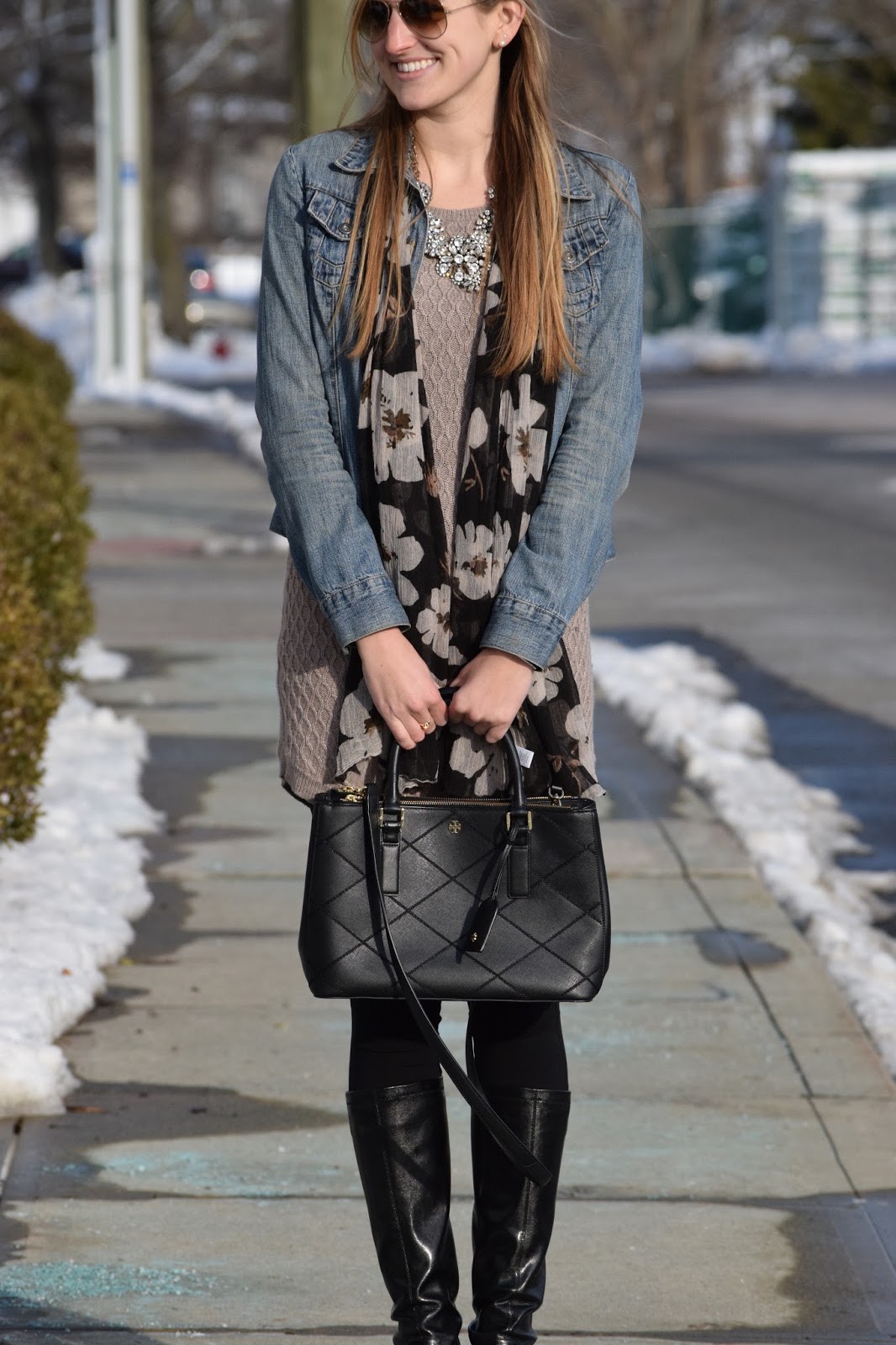 How to wear a jean jacket during the Winter ~ Roses and Rain Boots