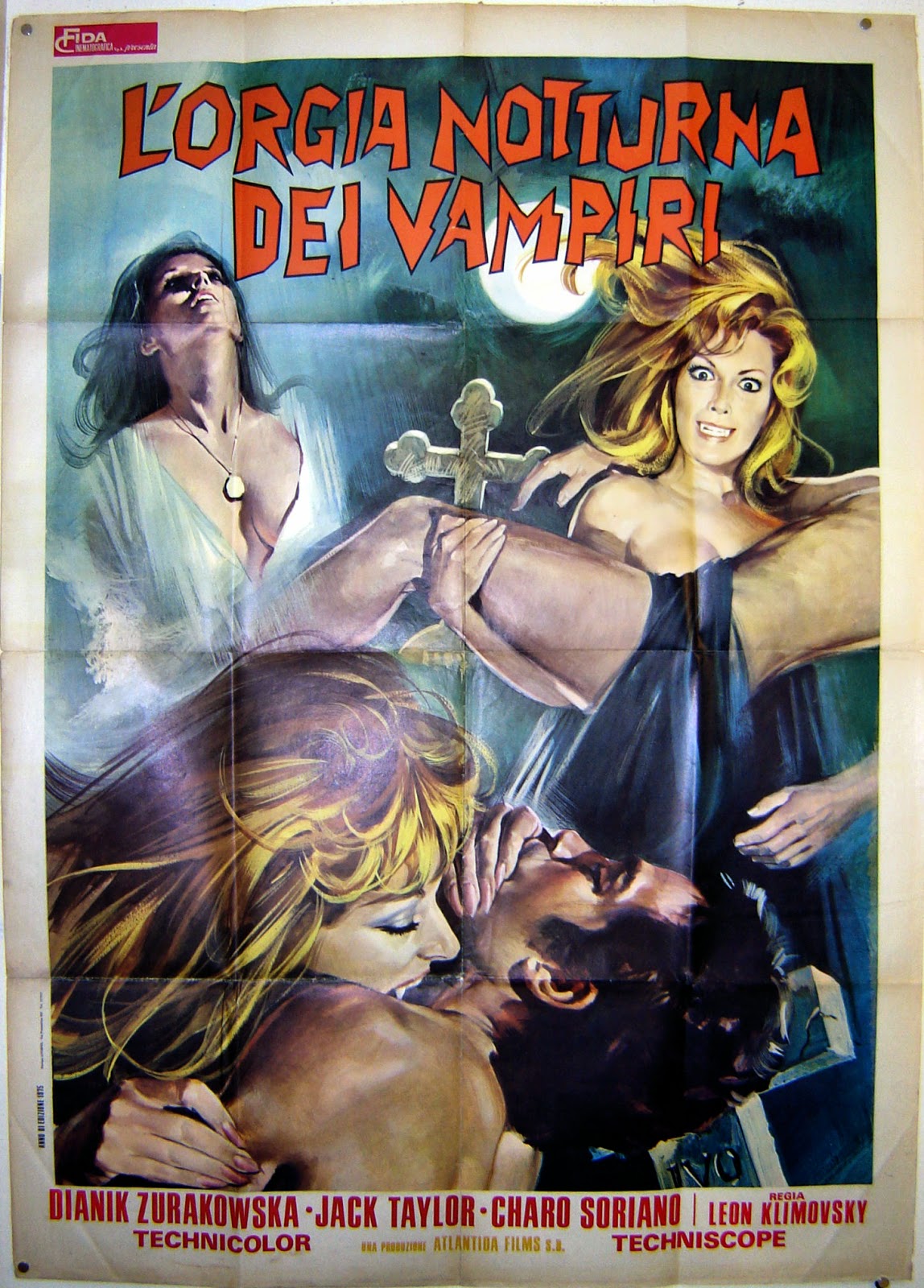 Italian Film Poster The Vampire's Night Orgy, three images of the beauty Helga Line feasting on the blood of men.