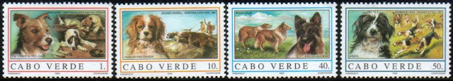 1995年カボベルデ共和国　フォックス・テリア　キング・チャールズ・スパニエル　コリーとジャーマン・シェパード　ブラッコの切手