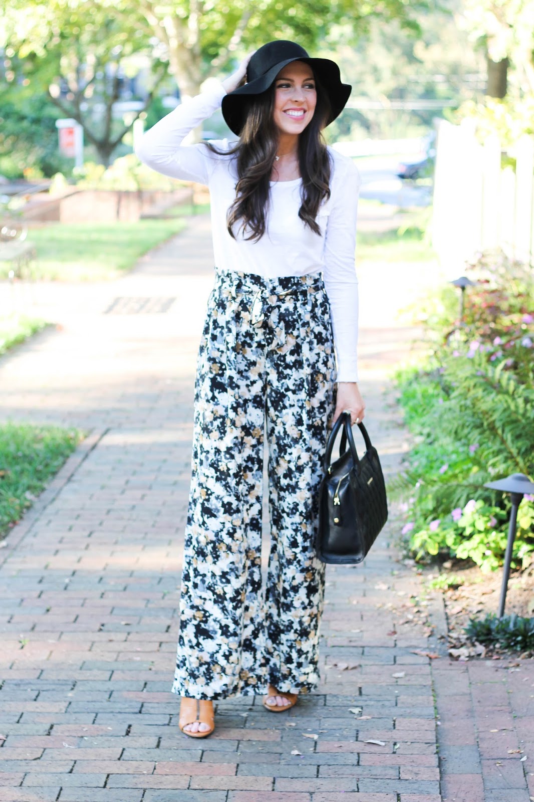 Nordstrom Leith Pleated Highwaisted Print Flare Pants, LOFT white long sleeve tee, black felt floppy hat,  quilted Vera Bradley satchel, fall outfit, cute fall look, ways to simplify your life, printed pants, Fearrington Village