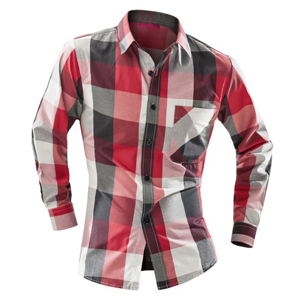 One Patch Pocket Classic Color BlockPlaid Print Slimming Shirt Collar Long Sleeves Men's Vogue Shirt - Red L