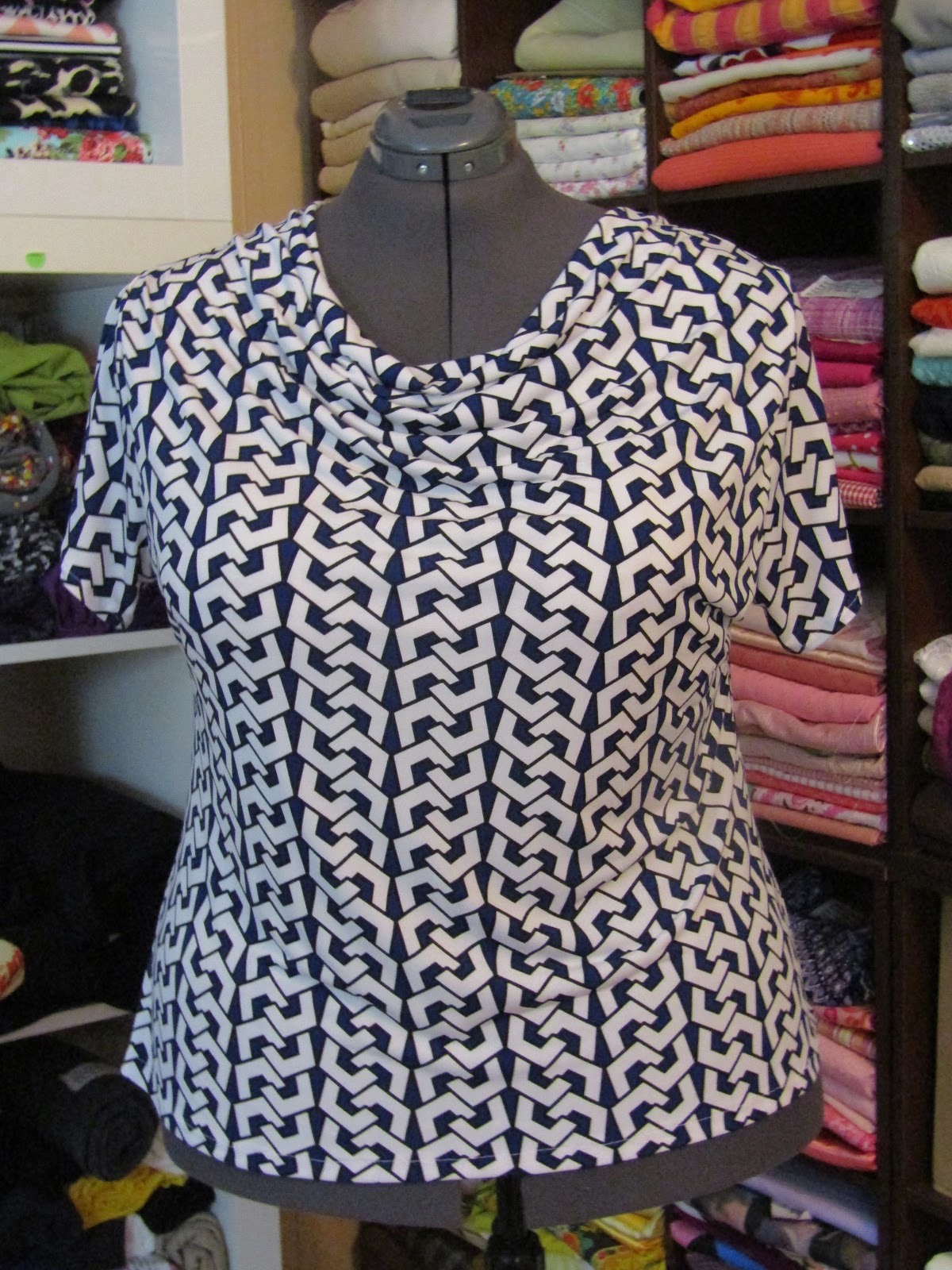 Sew Plus White Blue Chain Drape/Cowl Neck ITY Knit Top