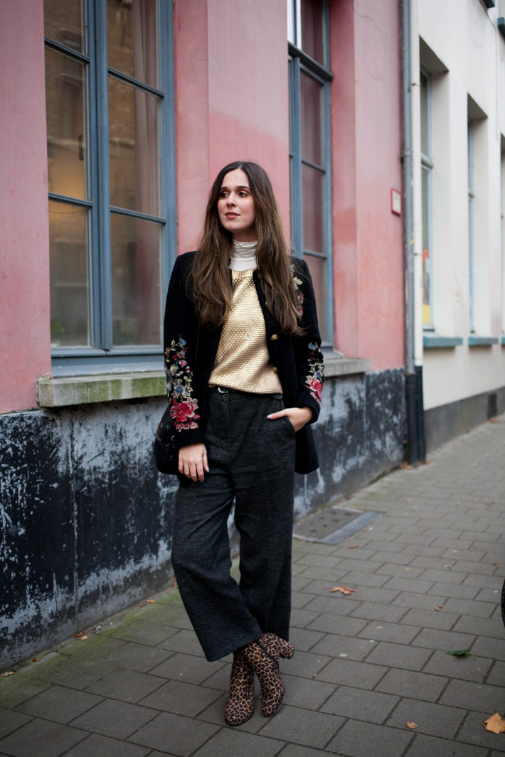 Outfit: cropped tweed trousers, embroidered coat