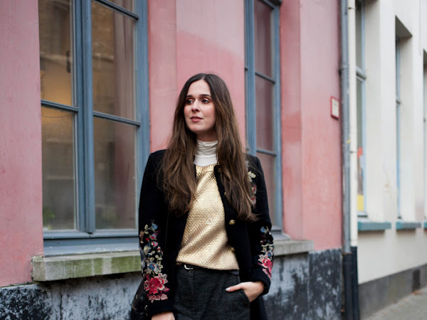 Outfit: cropped tweed trousers, embroidered coat
