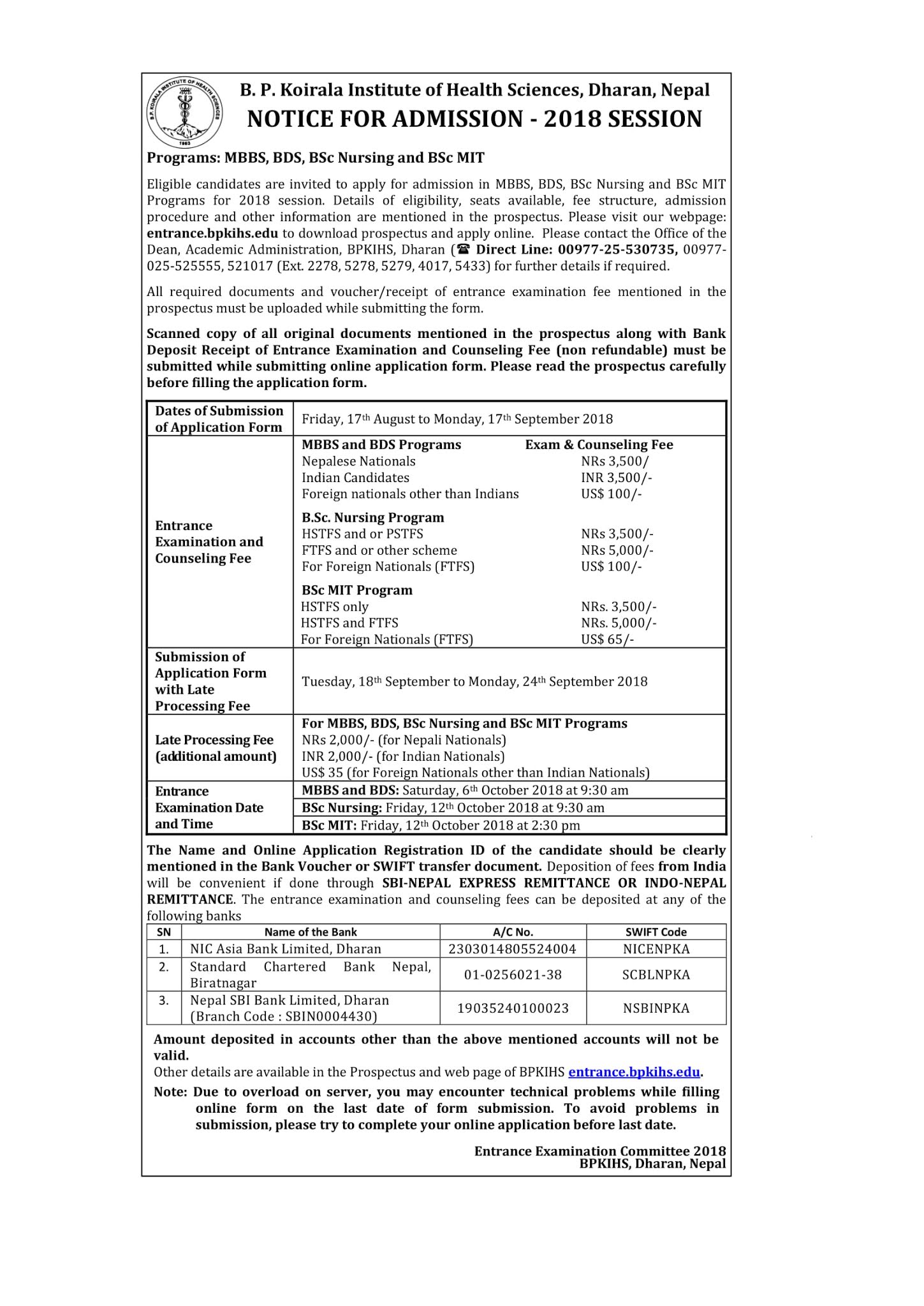 Notice for Admission for MBBS, BDS, B.Sc Nursing and B.Sc MIT at BPKIHS