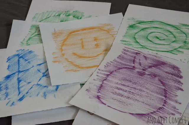 Crayon rubbing art using homemade rubbing cards from And Next Comes L