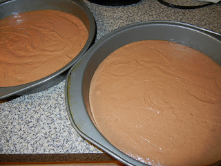 chocolate batter in two round cake pans 