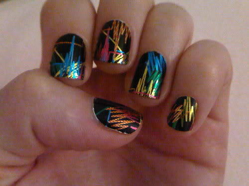 Colorful Striped Black Nail Art