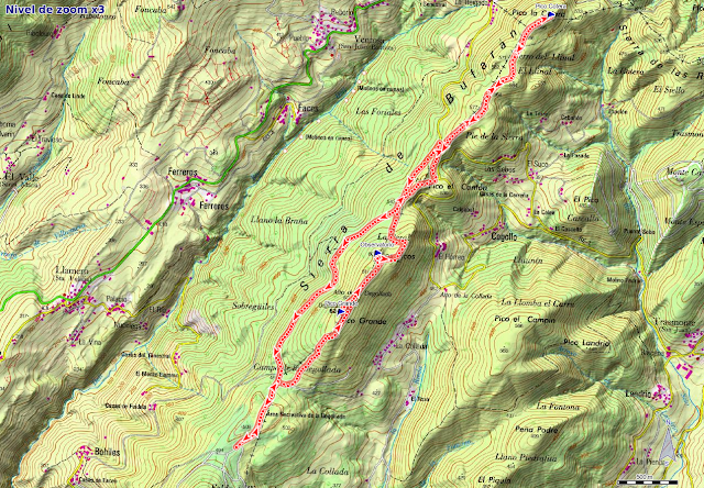 Mapa de la ruta por la sierra Bufarán: Picos Degollada y Cotera