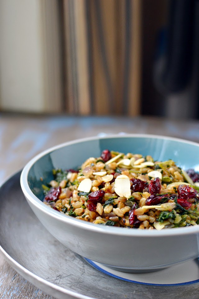 Warm Farro Pilaf with Dried Cranberries & Kale